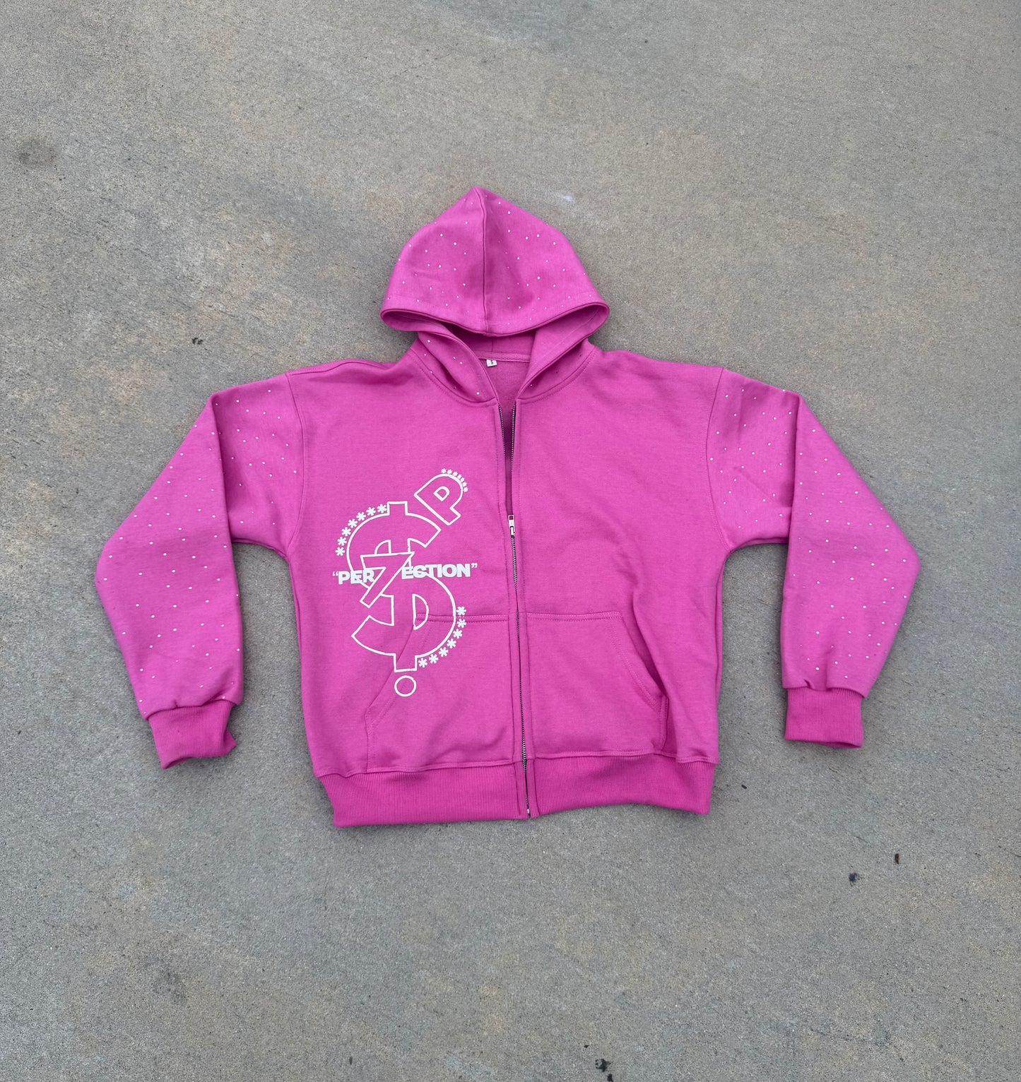 PER7ECTION Pink Zip-Up Rhinestone Hoodie