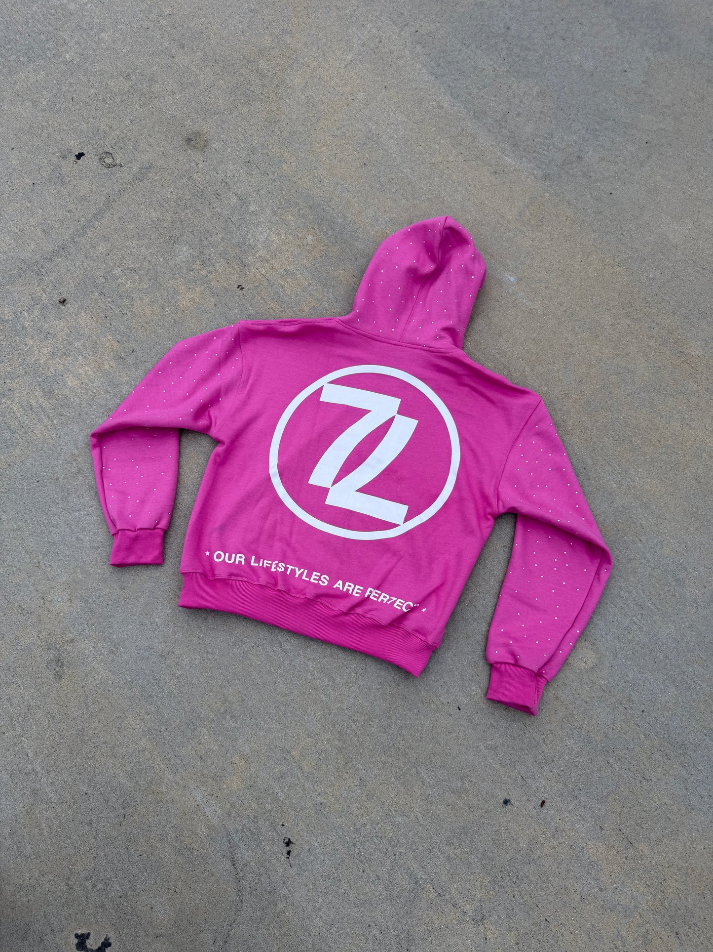 PER7ECTION Pink Zip-Up Rhinestone Hoodie