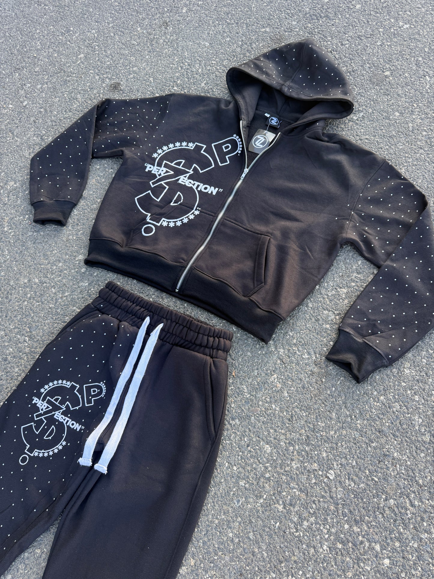 PER7ECTION Black Rhinestone Sweatsuit