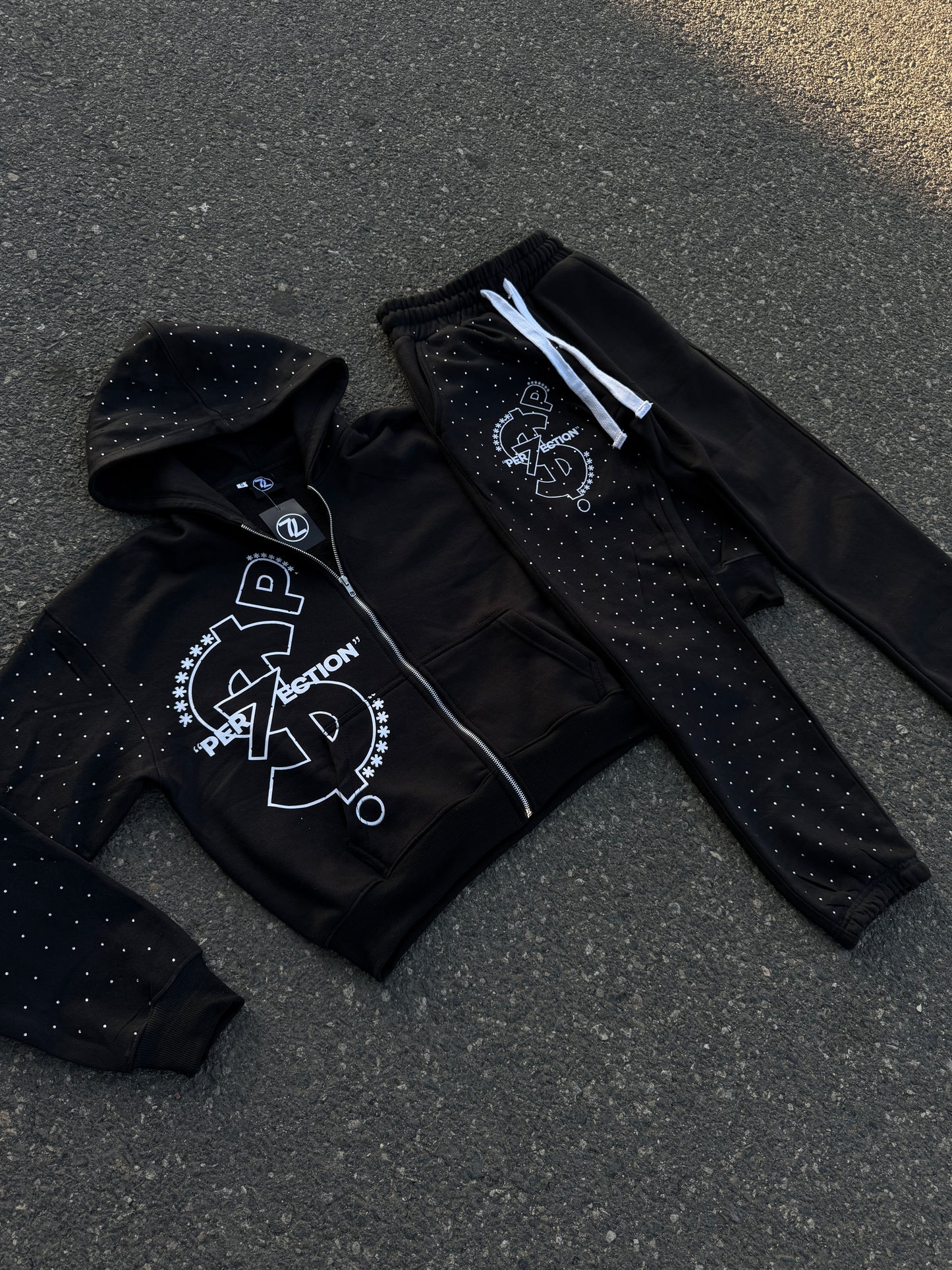 PER7ECTION Black Rhinestone Sweatsuit