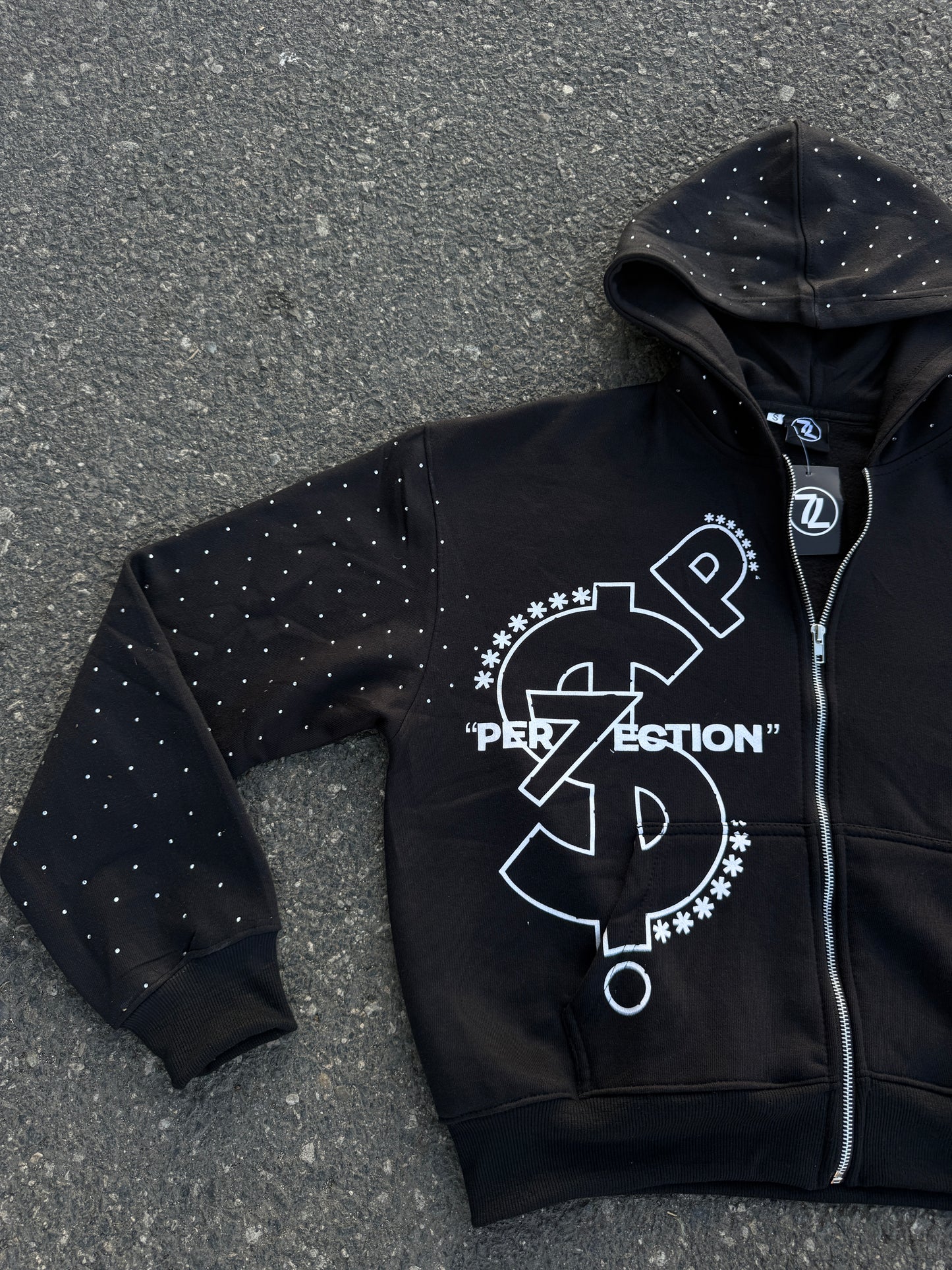 PER7ECTION Black Rhinestone Zip-Up Hoodie
