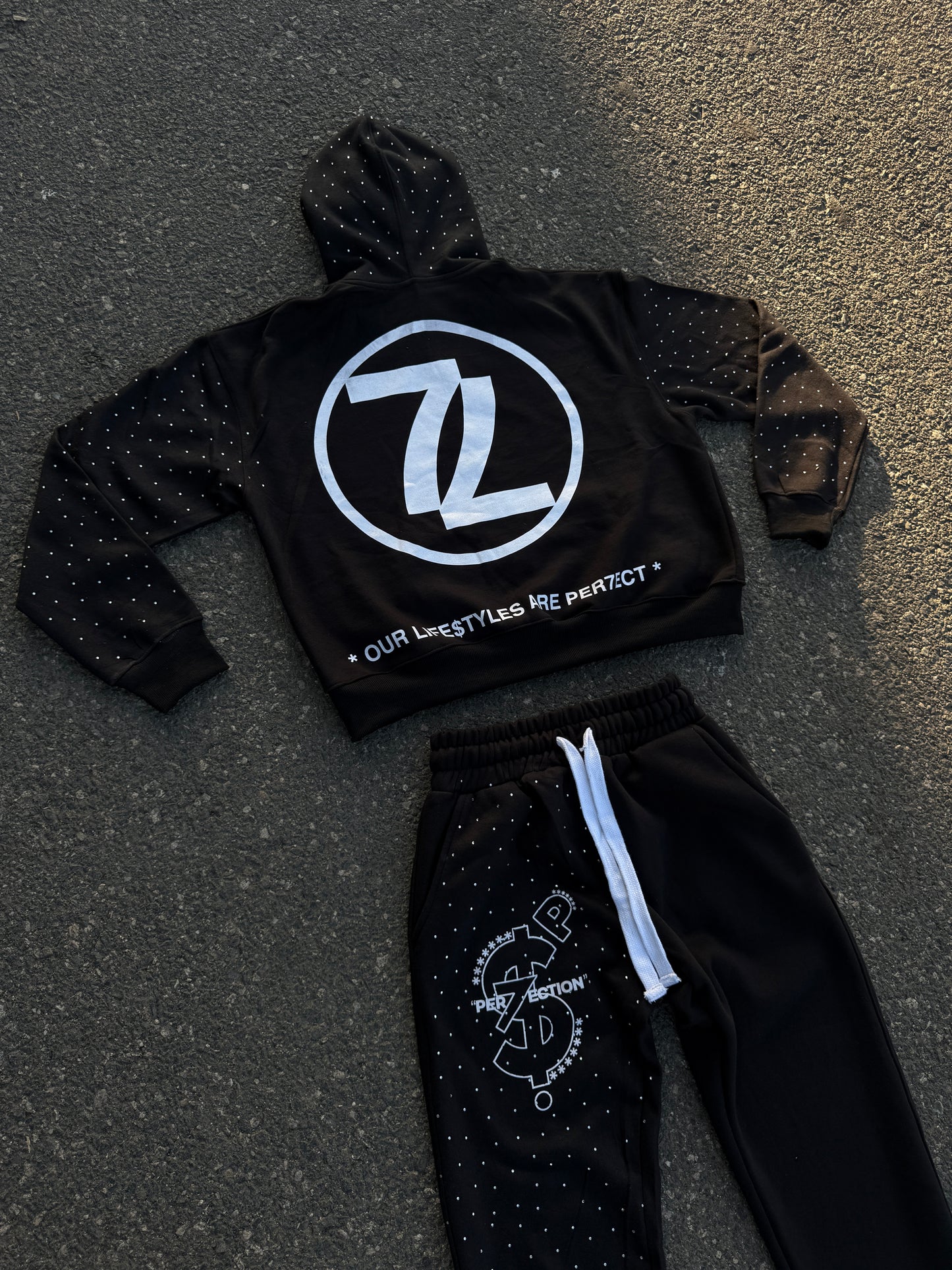 PER7ECTION Black Rhinestone Sweatsuit