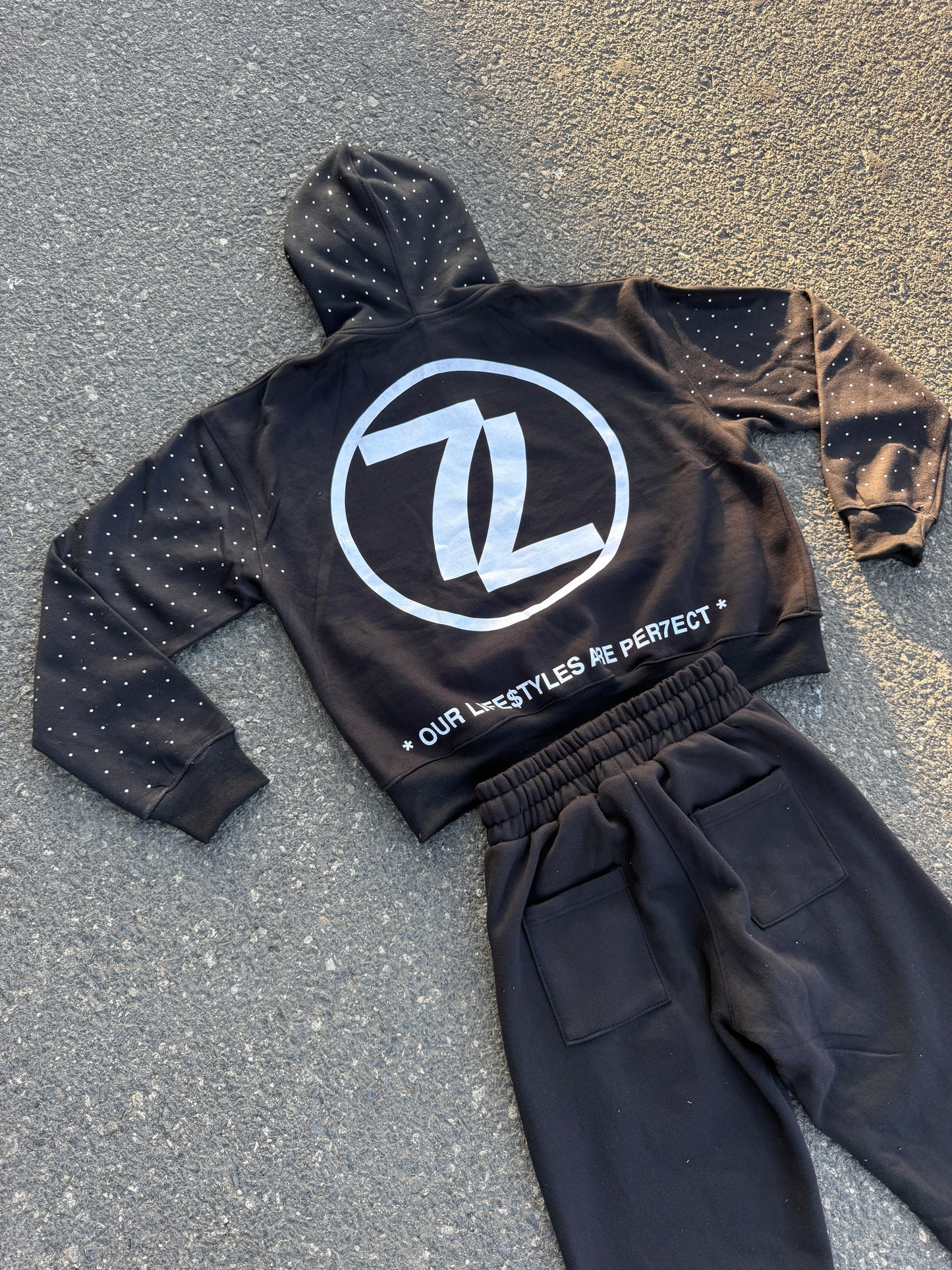 PER7ECTION Black Rhinestone Sweatsuit