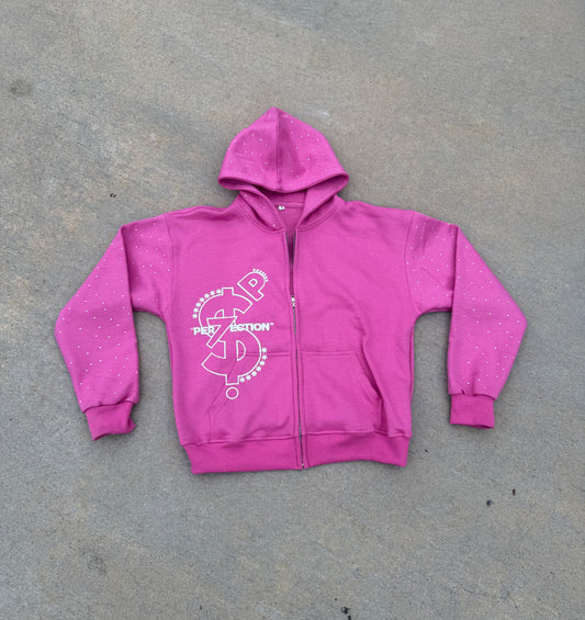 PER7ECTION Pink Zip-Up Rhinestone Hoodie