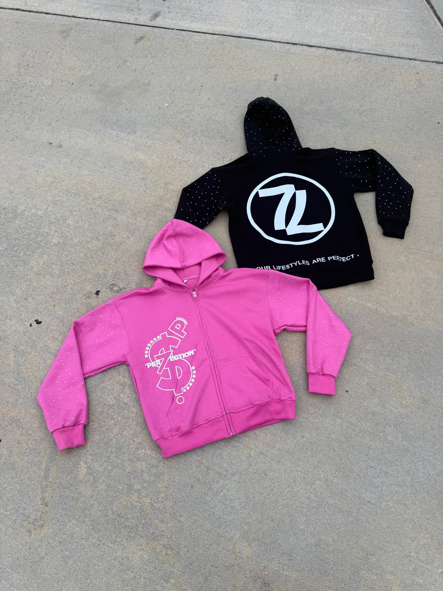 PER7ECTION Pink Zip-Up Rhinestone Hoodie