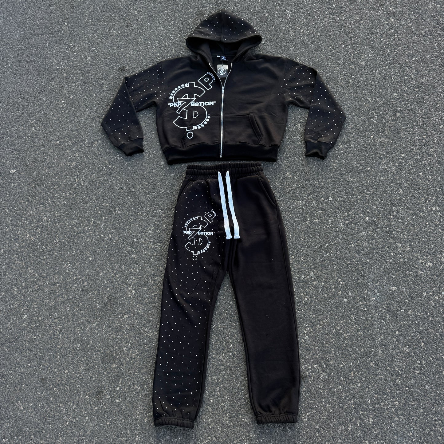 PER7ECTION Black Rhinestone Sweatsuit