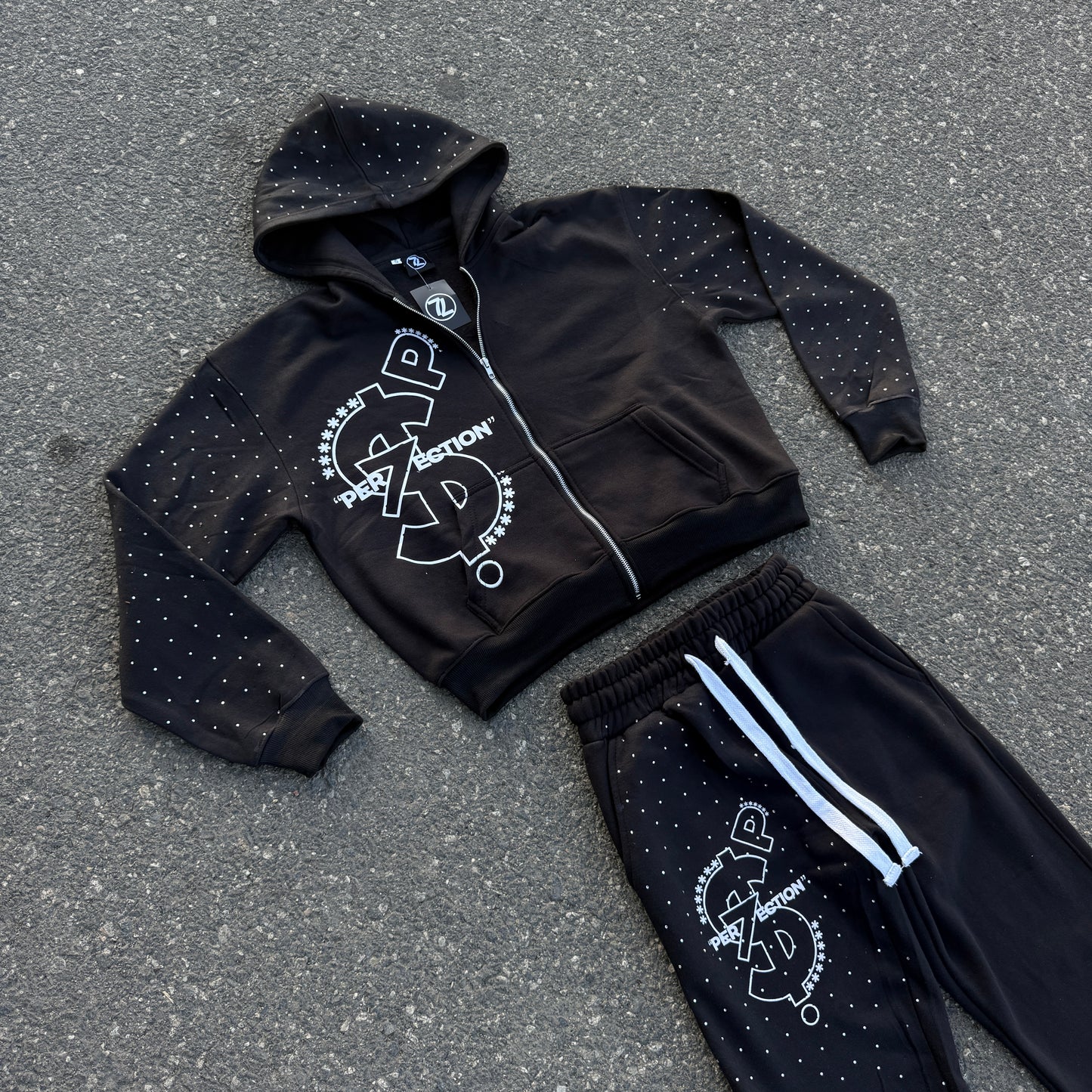 PER7ECTION Black Rhinestone Sweatsuit
