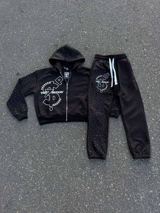 PER7ECTION Black Rhinestone Sweatsuit