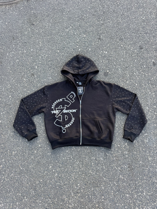 PER7ECTION Black Rhinestone Zip-Up Hoodie